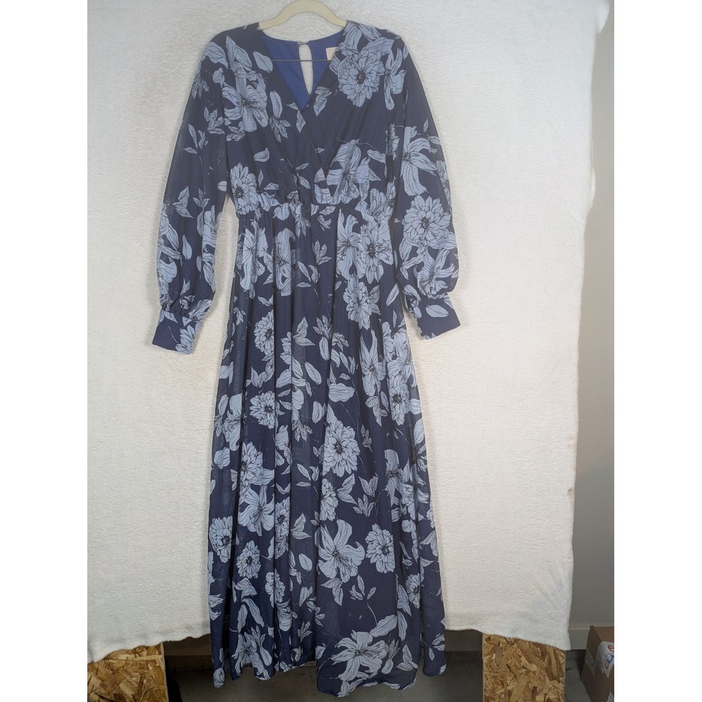 DM Fashion Maxi Dress Women's XS Blue Floral V-Neck Long Sleeve DM1946 Chiffon